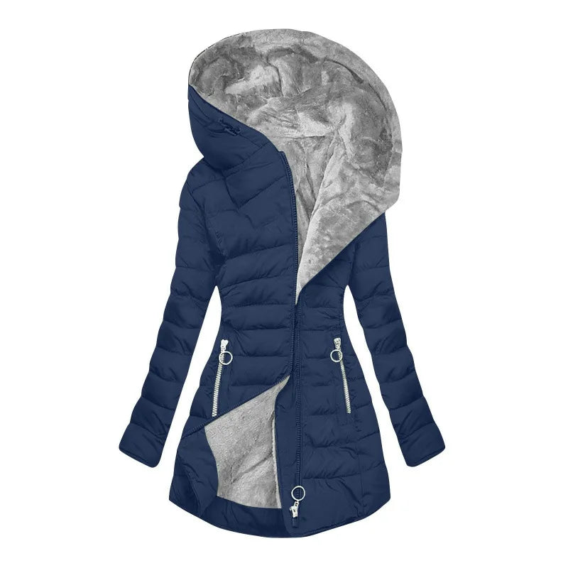 Manteau d'hiver pour femmes QICHE, à capuche, en coton, avec col en fausse fourrure, fermeture éclair, manches longues, coupe ajustée, chaud, style européen.