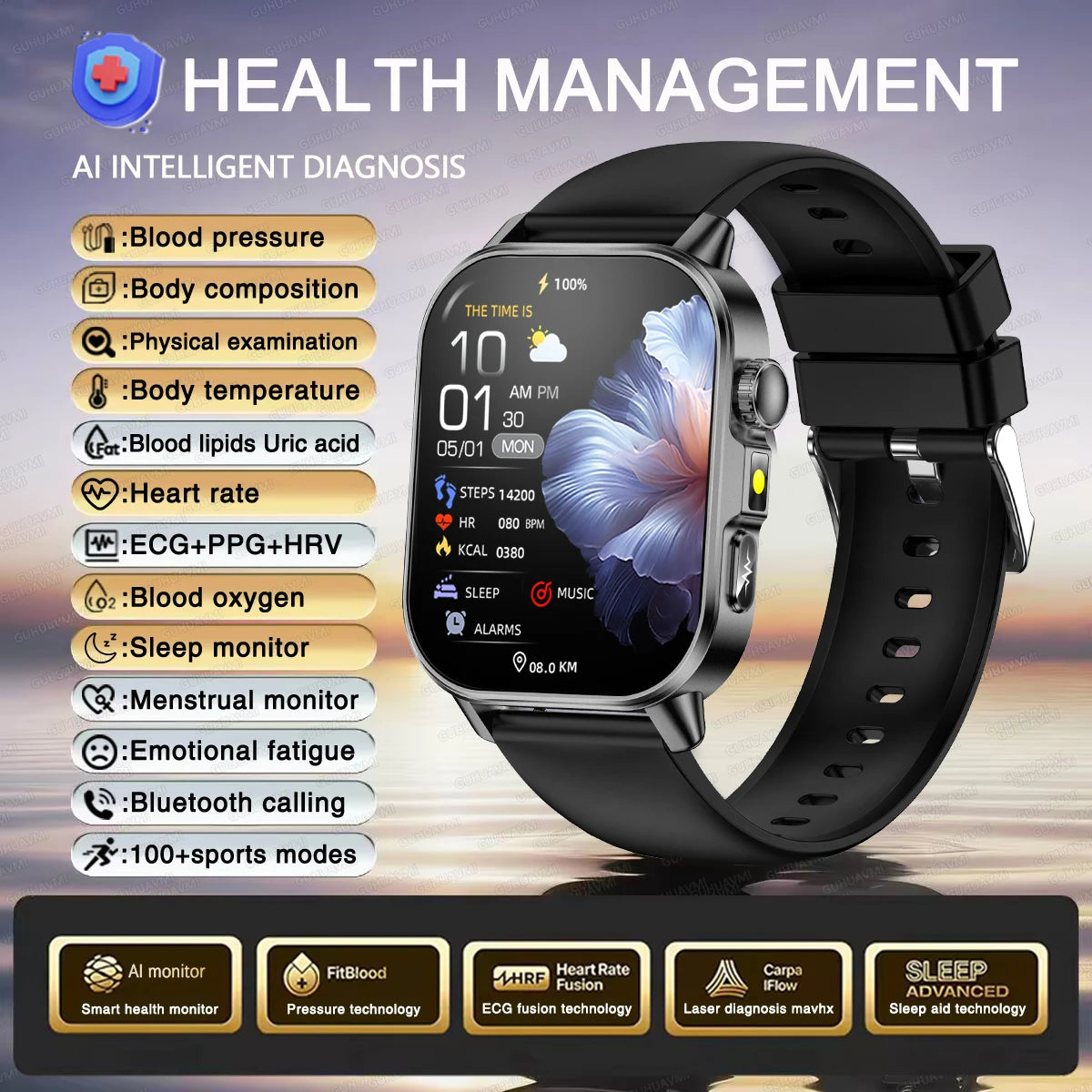 Montre connectée intelligente 2026 pour la santé des femmes, diagnostic précis, ECG+HRV, tension artérielle, oxygène sanguin, acide urique, fréquence cardiaque, appels Bluetooth