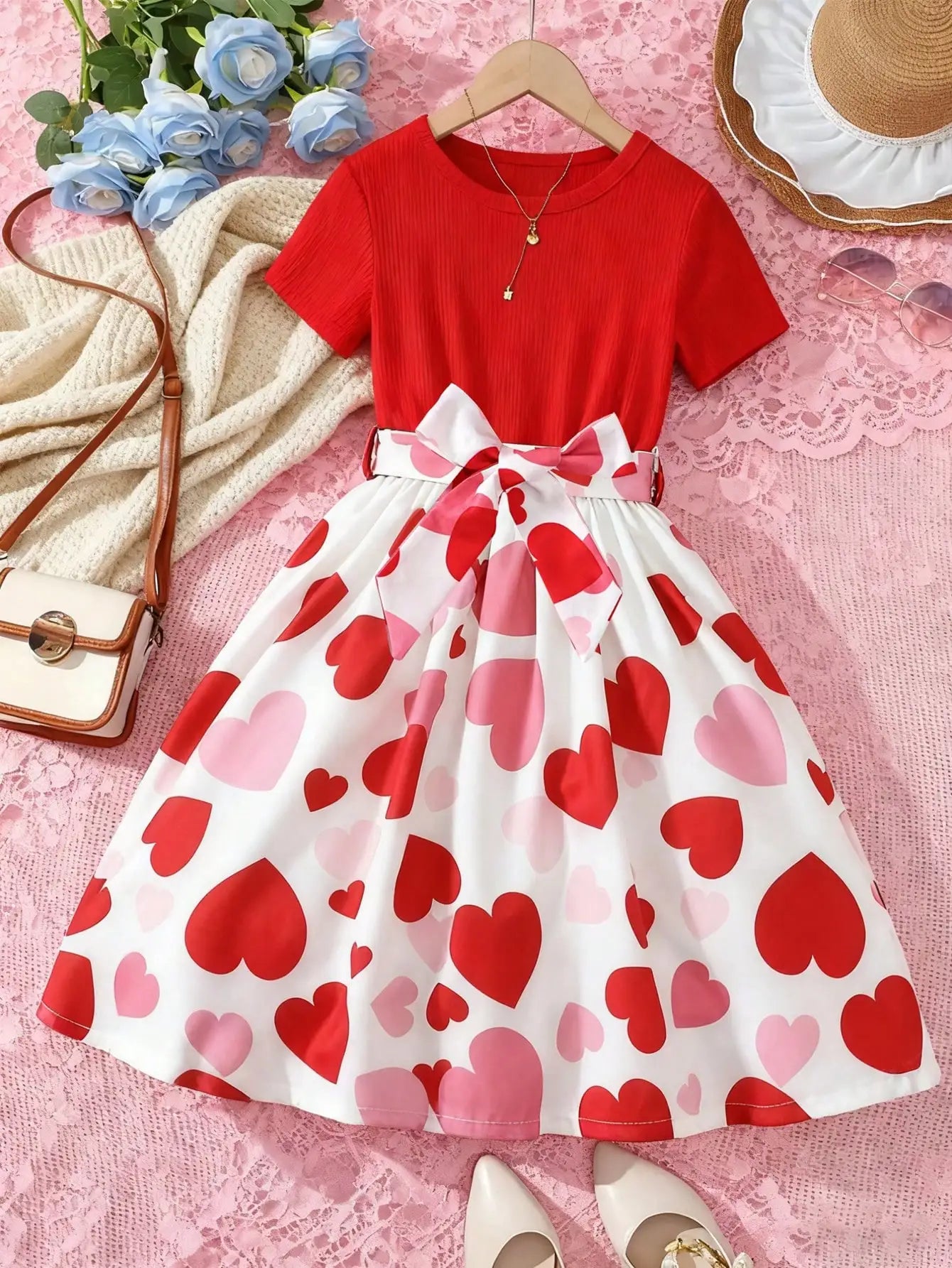 Robe décontractée à manches courtes pour fille, motif floral patchwork, couleur unie, col rond, cadeau d'été