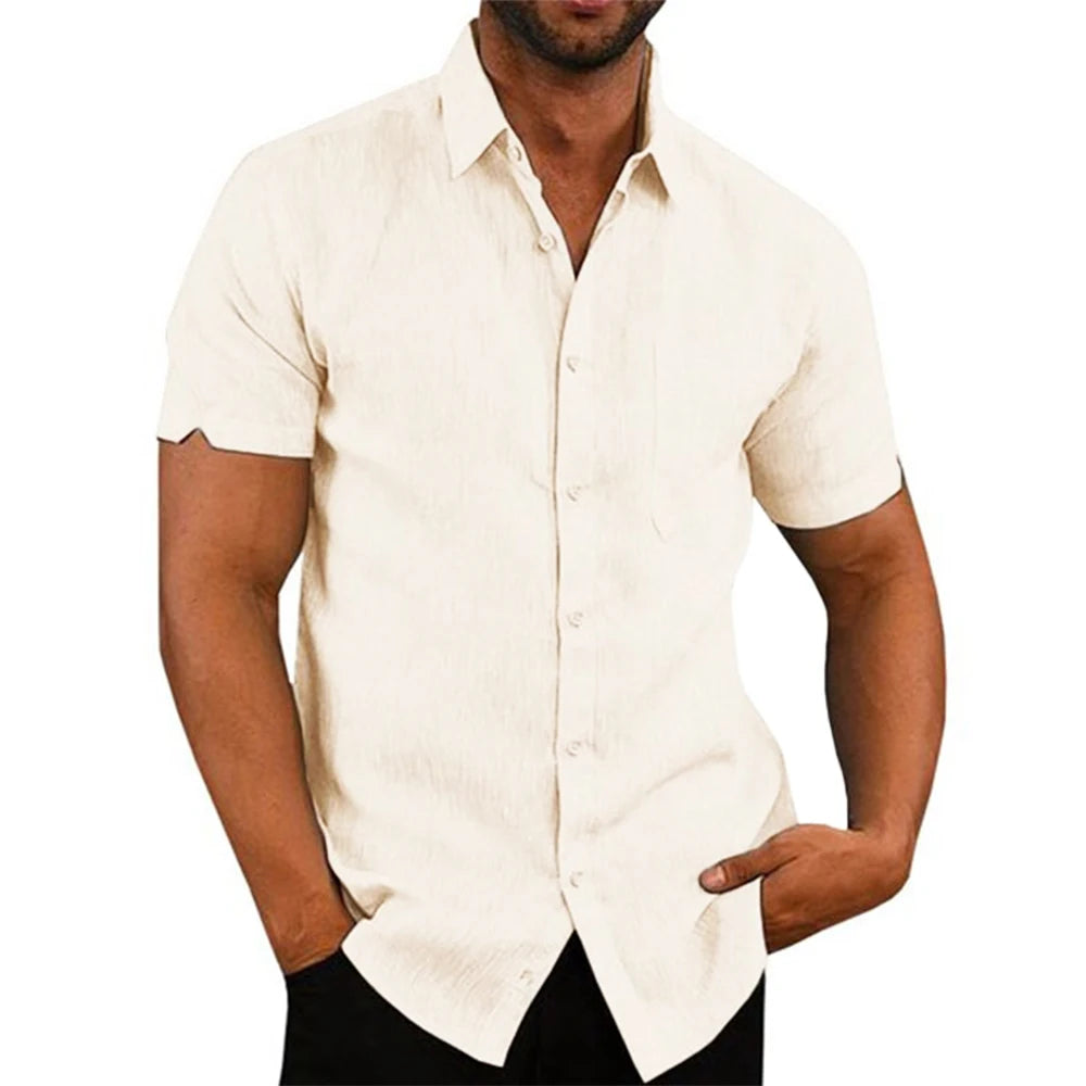 Chemises à manches courtes pour hommes, en coton et lin, couleur unie, col rabattu, décontracté, Style de plage, grande taille, offre spéciale, été