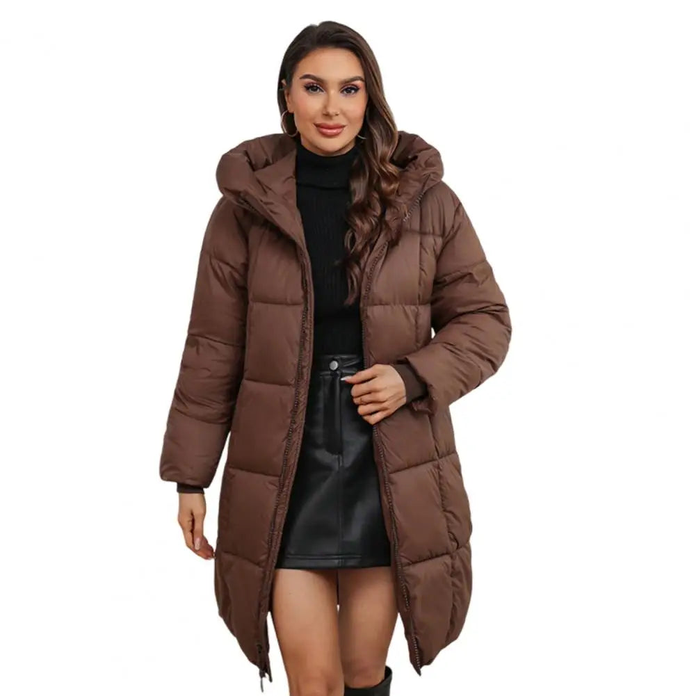 Veste d'hiver longue à capuche pour femme, manteau d'hiver matelassé et épais avec capuche, taille ajustée, longueur mi-longue