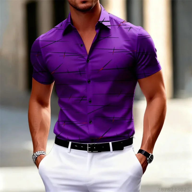 Chemise à manches courtes pour homme, 18 couleurs, nouvelle collection 2026, imprimé lignes géométriques, style urbain décontracté, col slim, tissu confortable