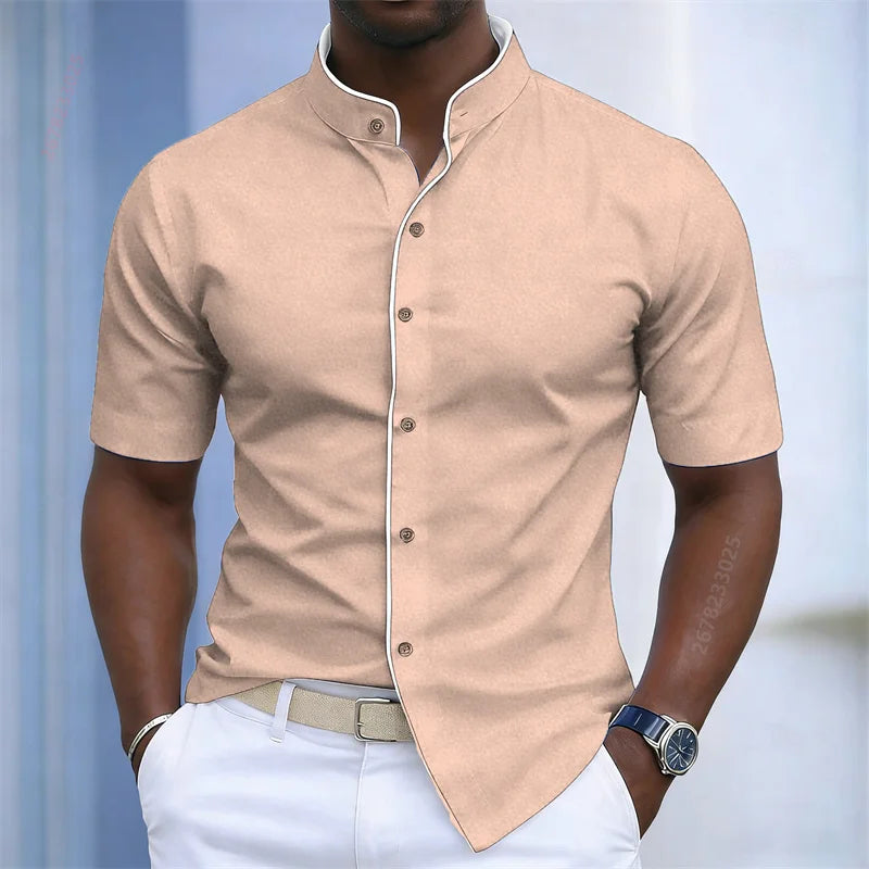 Chemise d'été pour homme à col montant et manches courtes, 20 couleurs, design color block tendance, coupe ajustée, chemise décontractée pour affaires, tailles XS-6XL