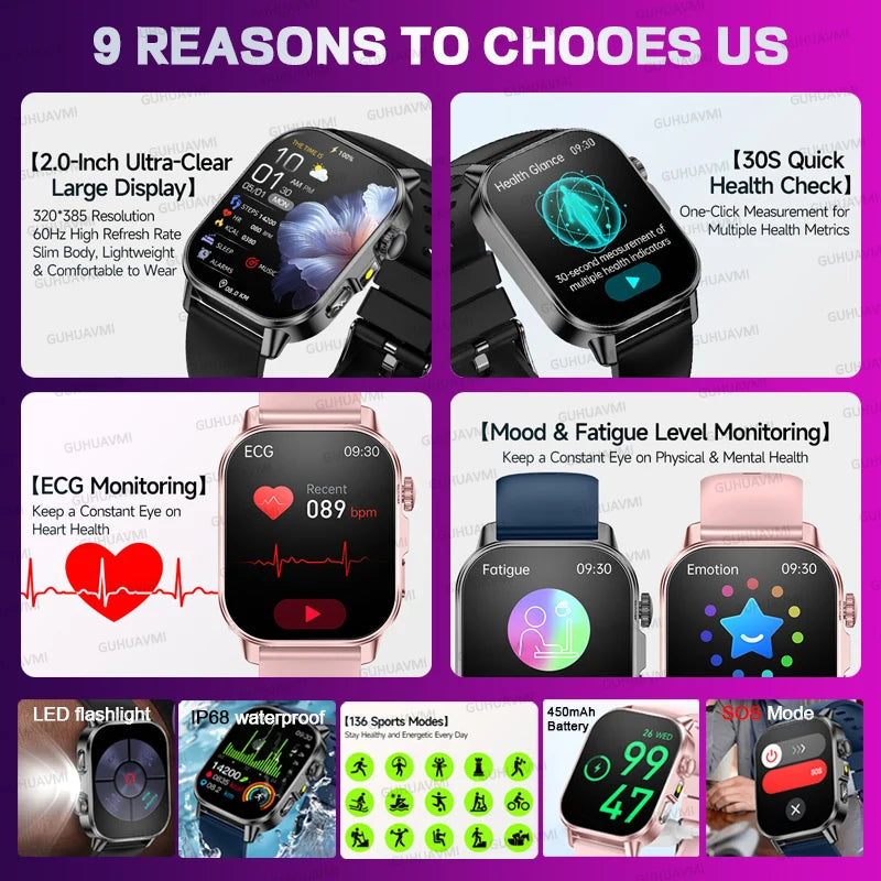 Montre connectée intelligente 2026 pour la santé des femmes, diagnostic précis, ECG+HRV, tension artérielle, oxygène sanguin, acide urique, fréquence cardiaque, appels Bluetooth