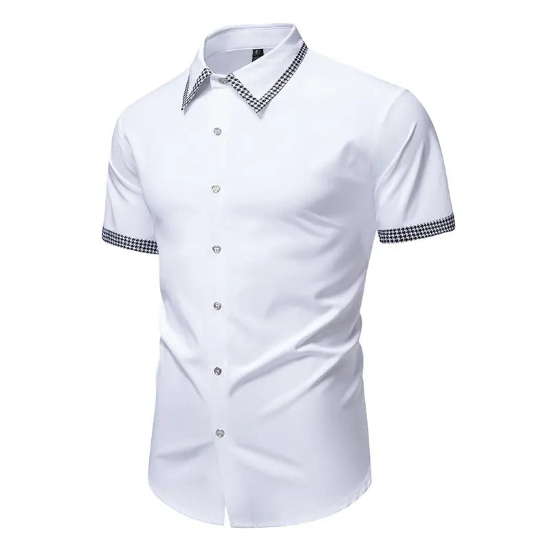 Chemise blanche décontractée à manches courtes pour homme, col à revers à simple boutonnage, chemises de bureau tendance pour homme avec patchwork
