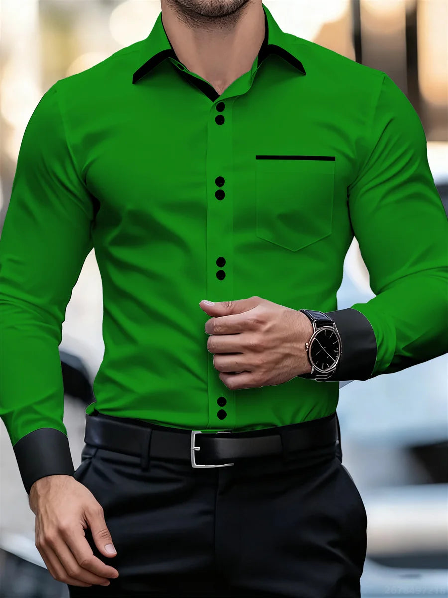Chemise à manches longues à col bloc de couleur pour hommes d'affaires, coupe ajustée, sans plis, chemise Patchwork noir et blanc, haut tendance pour hommes