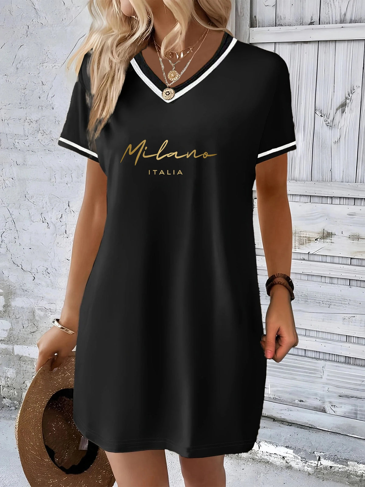 Robe T-shirt longue à col en V et manches courtes, style décontracté américain imprimé et color-block, coupe ample, amincissante et décontractée, idéale pour le printemps et l'été, pour les trajets quotidiens et la