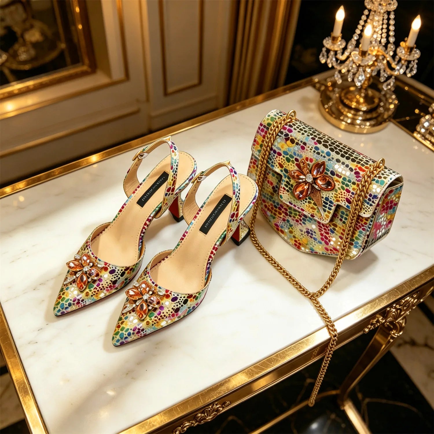 Ensemble élégant de talons à strass et sac assorti Venus Chan, talons carrés à bout pointu imprimés colorés pour les soirées de banquet et les sorties en boîte de nuit