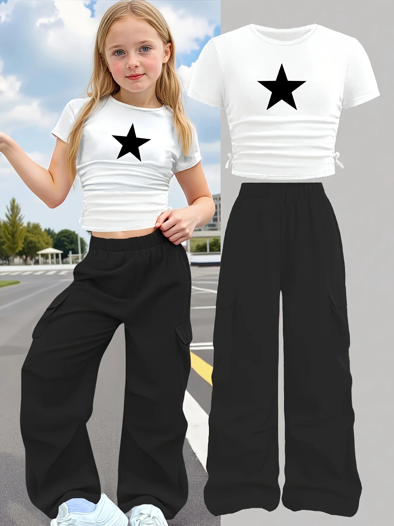 Nouvel ensemble d'été 2 pièces : T-shirt à manches courtes à col rond et coupe ajustée imprimé étoiles et pantalon large (Ensemble décontracté élégant pour filles)