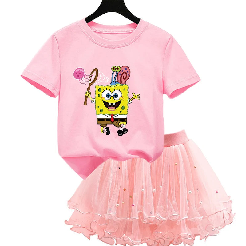 Robe Bob l'éponge pour filles, vêtements d'anniversaire pour enfants, robe de princesse de fête, T-shirt + jupe Tutu, cadeau de soirée d'été, 2 pièces/ensemble