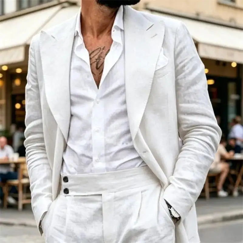 Ensemble de costume en lin 2 pièces pour homme – Coupe ajustée décontractée légère pour l'été – Blazer et pantalon pour la plage, mariage, bal de promo, soirée