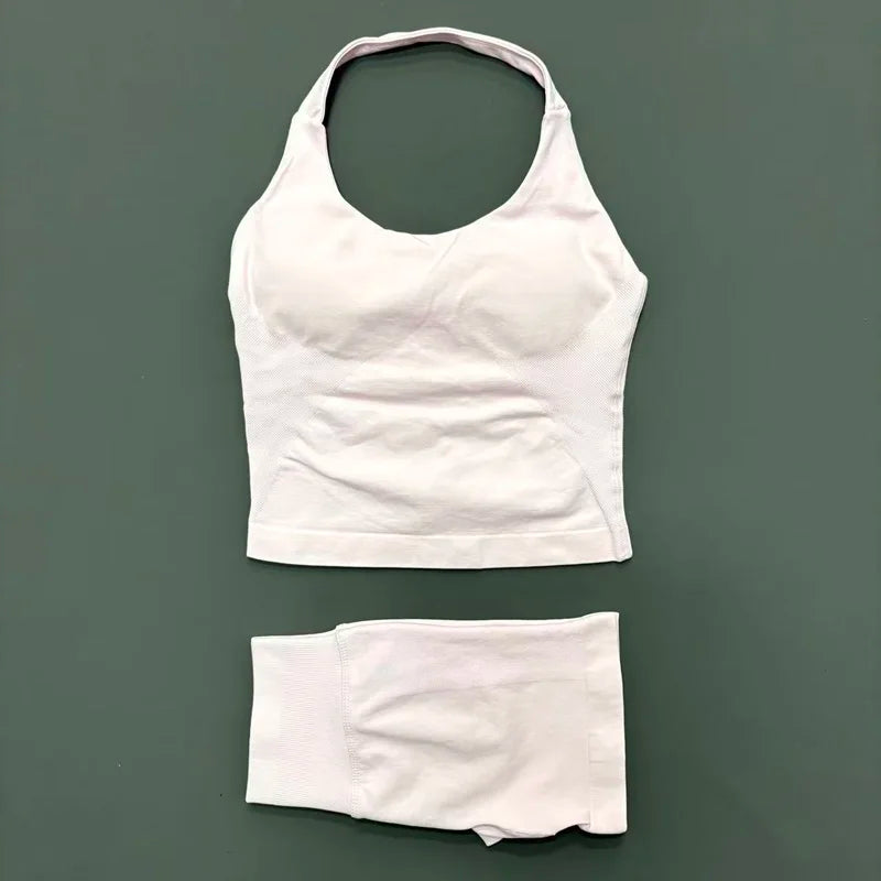 Ensemble de sport 2 pièces pour femme : débardeur long à bretelles rembourré et short de sport sans couture pour le yoga, le fitness et la course à pied