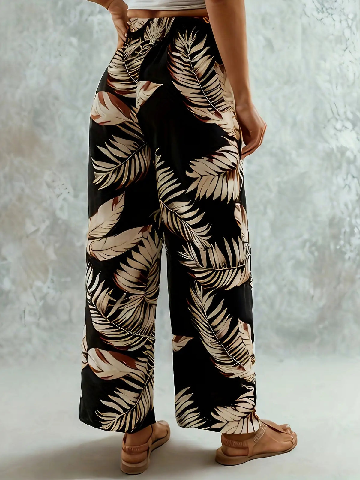 Style bohème décontracté et élégant, coupe large, taille élastique, imprimé feuilles, ample et confortable
