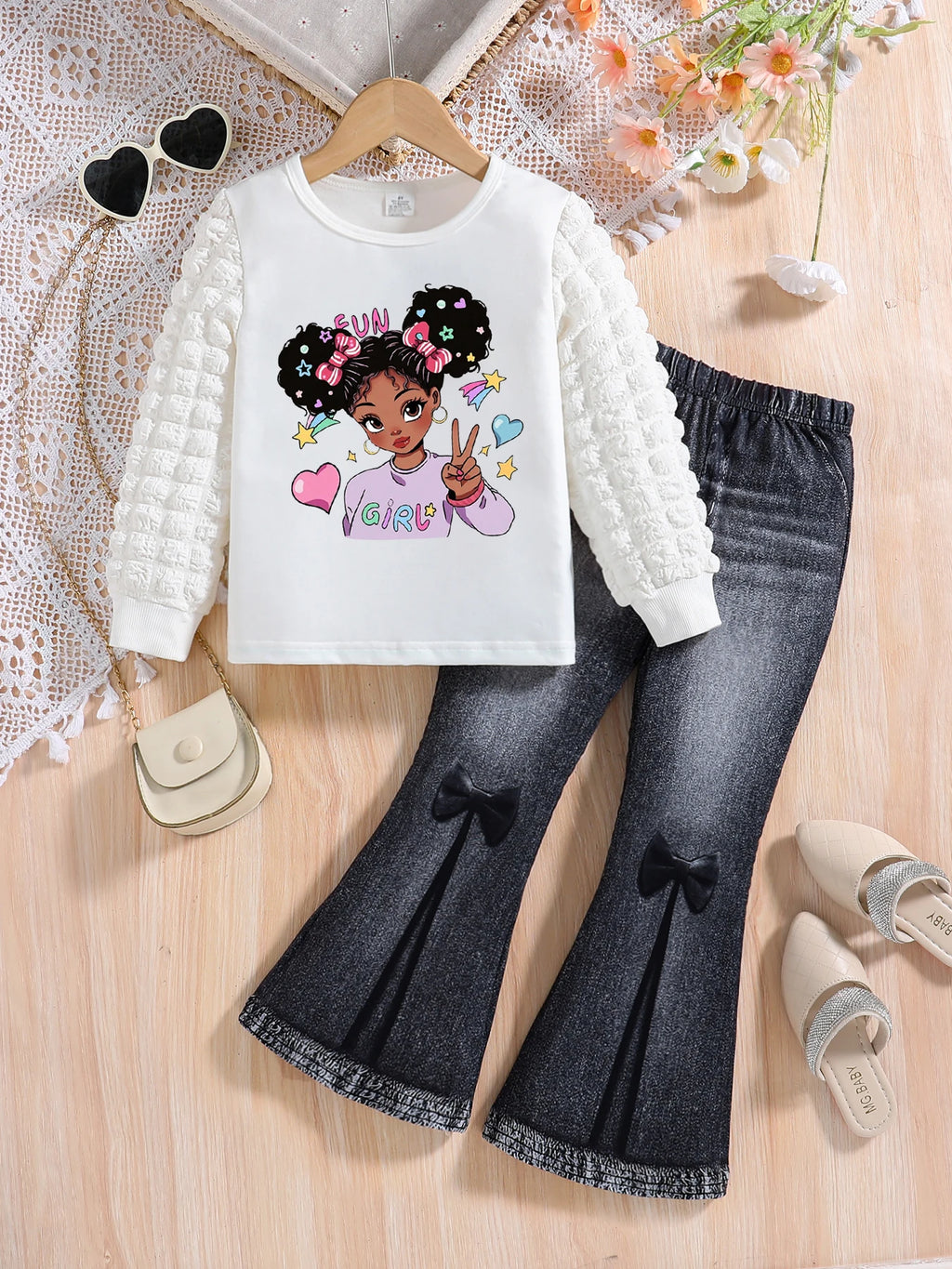 Ensemble de mode pour filles, avec col rond blanc, imprimé de dessin animé, manches longues et pantalon amincissant de couleur unie, deux pièces, printemps et automne