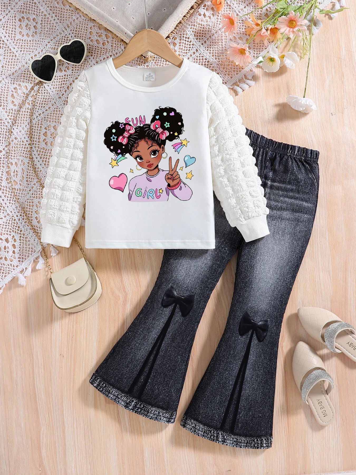 Ensemble de mode pour filles, avec col rond blanc, imprimé de dessin animé, manches longues et pantalon amincissant de couleur unie, deux pièces, printemps et automne