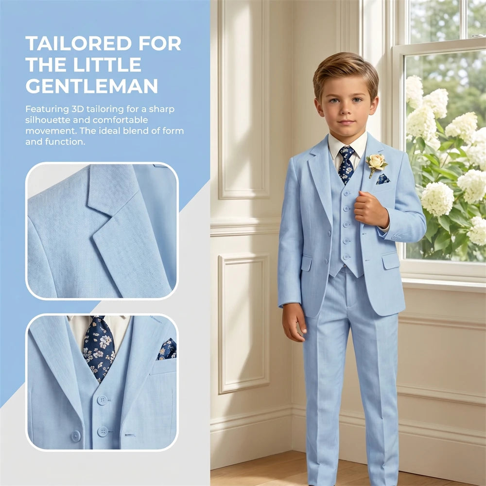 Costume en lin pour garçon, smoking 4 pièces coupe classique pour enfants, veste, gilet, pantalon, cravate, pour communion, performance au piano, ou rôle de porteur d'alliances
