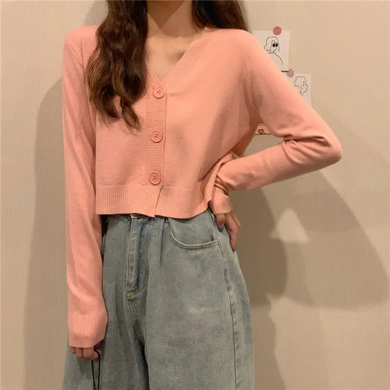 Cardigan court en tricot pour femme, style coréen, pull court à manches longues, col en V, élégant, pour le printemps et l'automne
