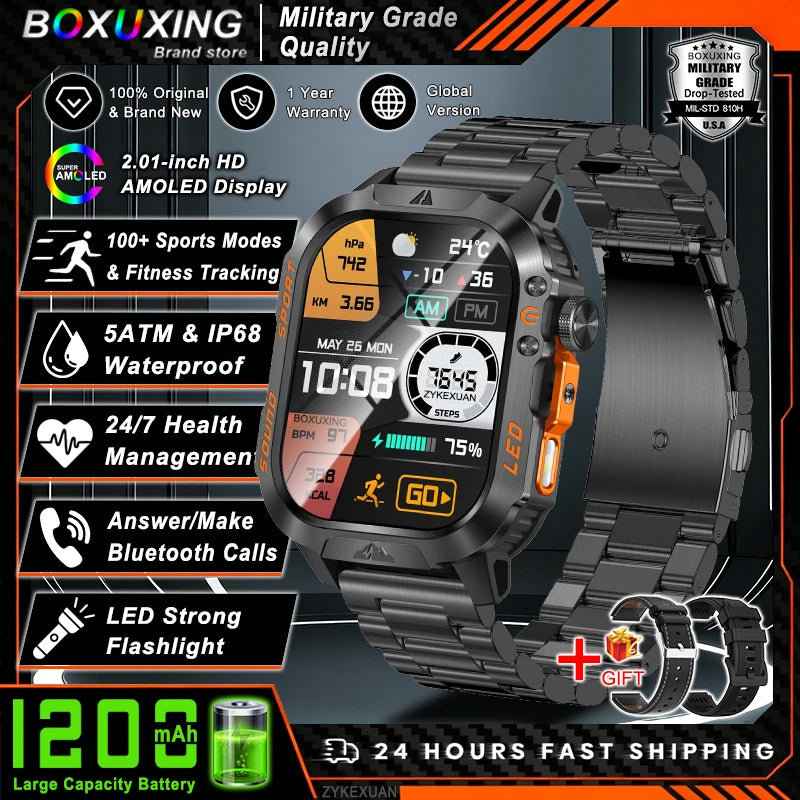 Nouvelle montre connectée militaire 2026 pour hommes, batterie 1200 mAh, étanche 5ATM, suivi d'activité, santé, fréquence cardiaque, compatible iOS et Android